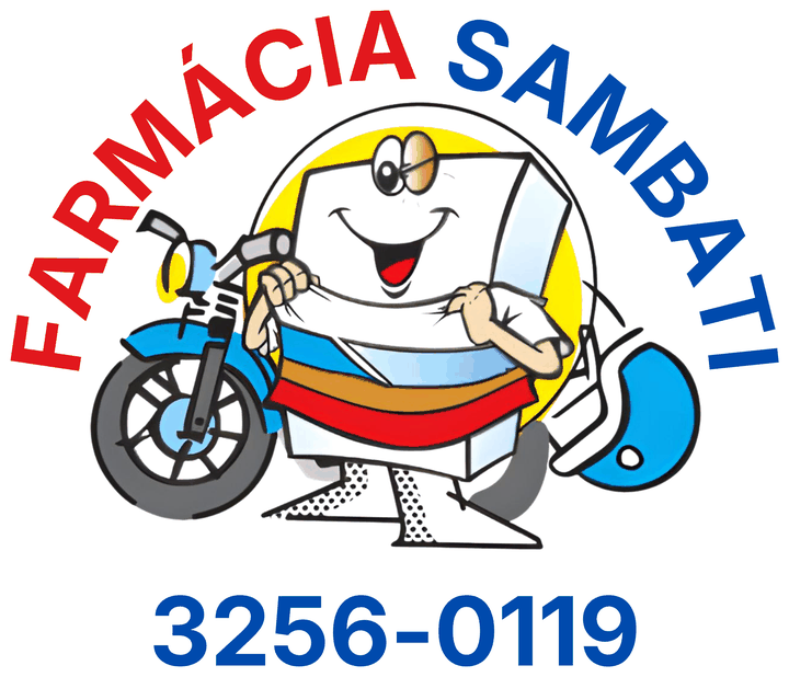 Logotipo da Farmácia Sambati, com o mascote da farmácia e o telefone 3256-0119